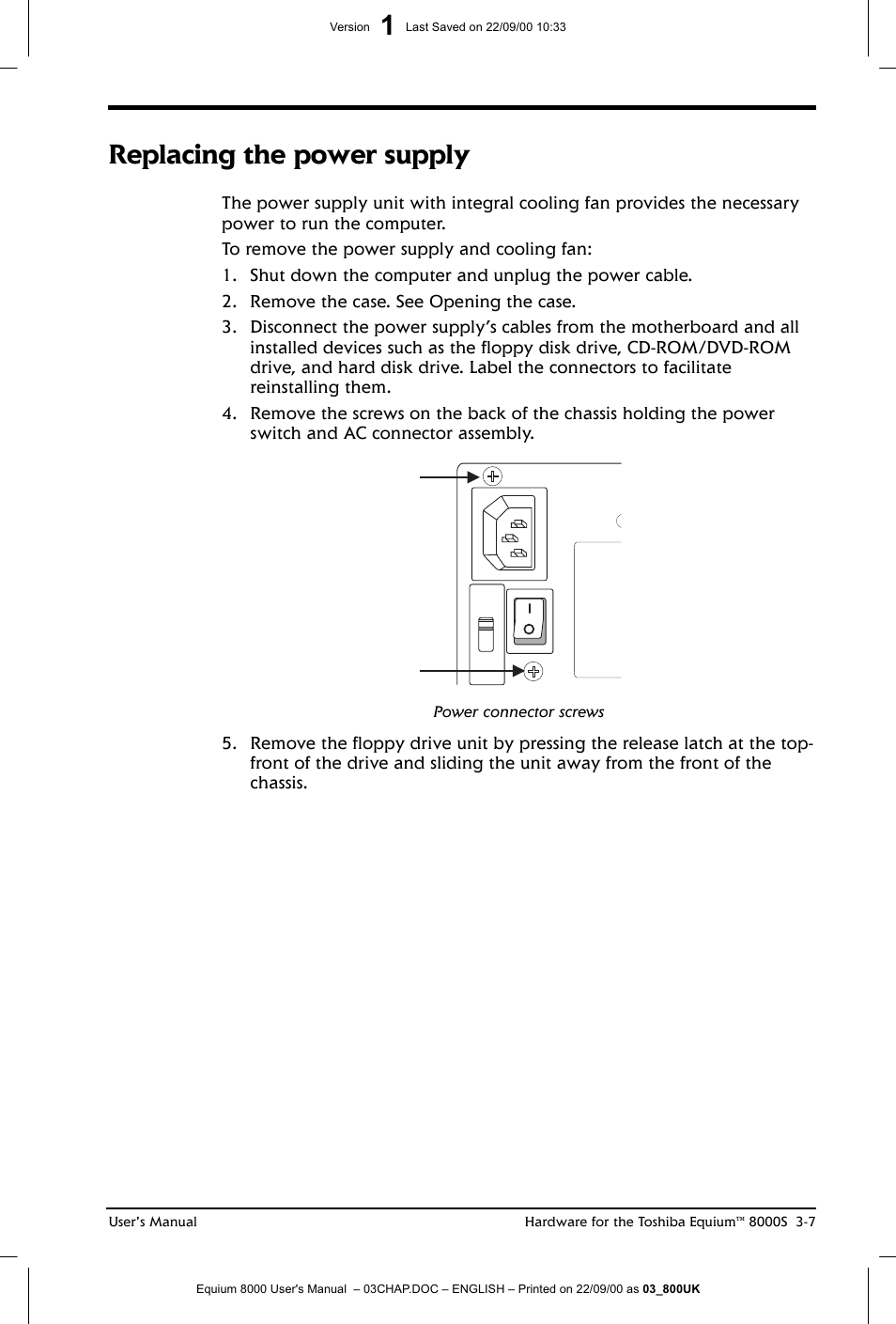 Replacing the power supply | Toshiba Equium 8000 S-D User Manual | Page 48 / 80