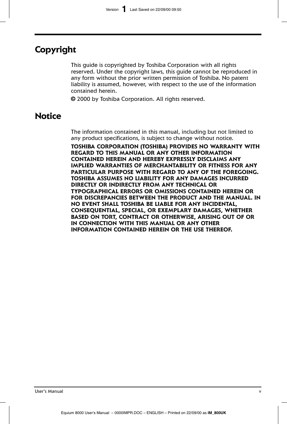 Copyright, Notice | Toshiba Equium 8000 S-D User Manual | Page 5 / 80