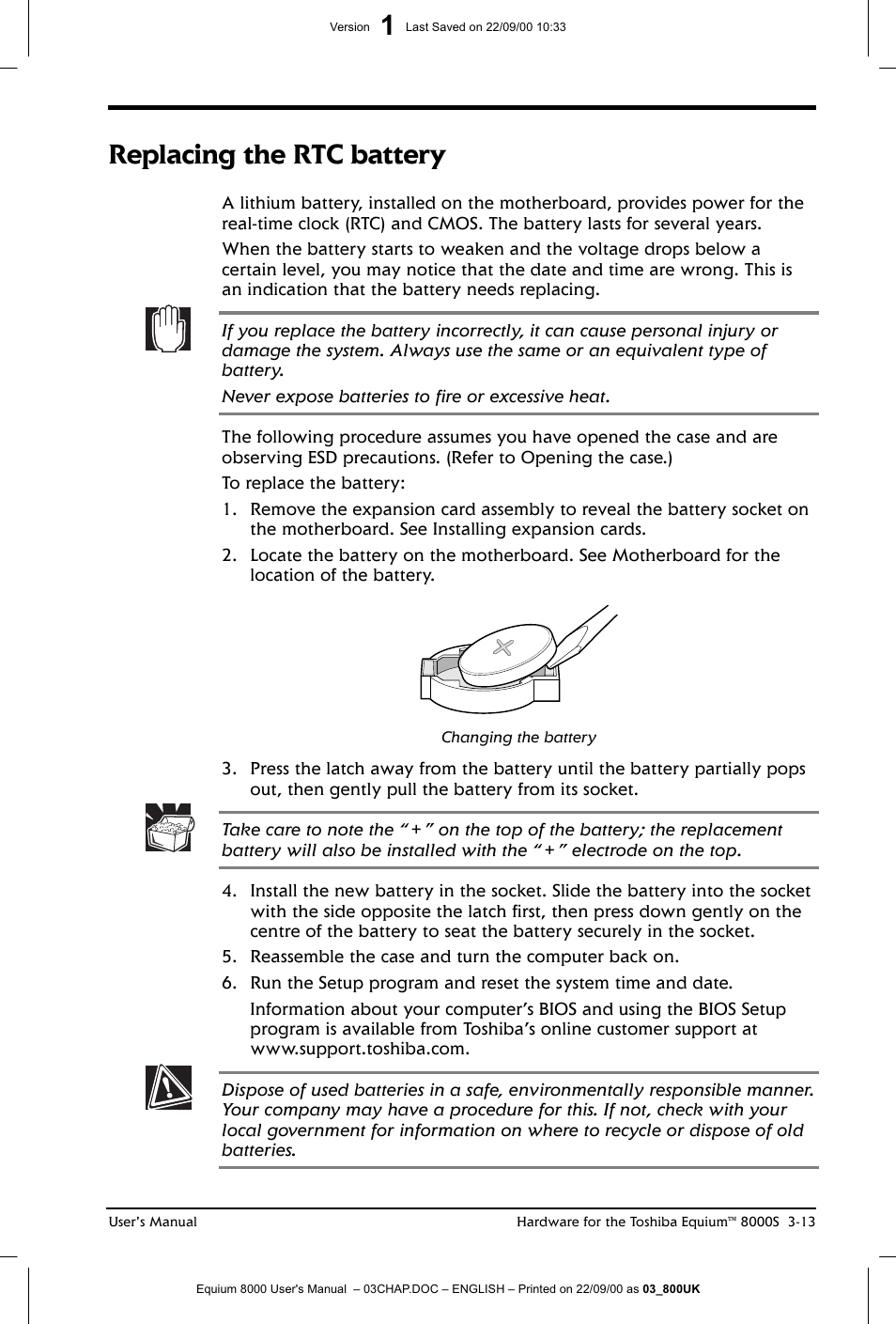 Replacing the rtc battery | Toshiba Equium 8000 S-D User Manual | Page 54 / 80