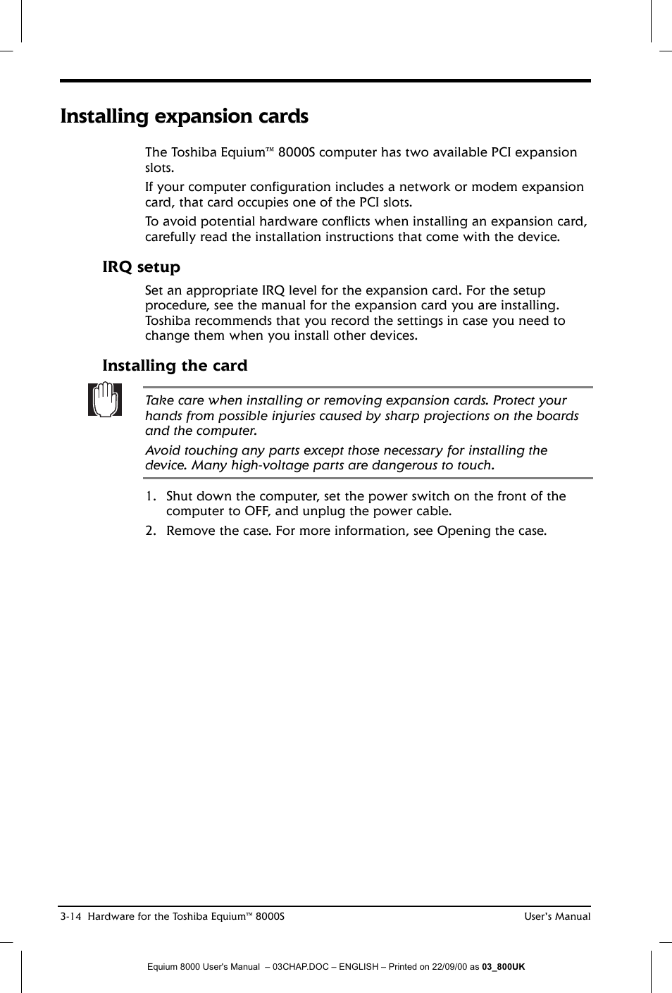 Installing expansion cards, Irq setup, Installing the card | Toshiba Equium 8000 S-D User Manual | Page 55 / 80