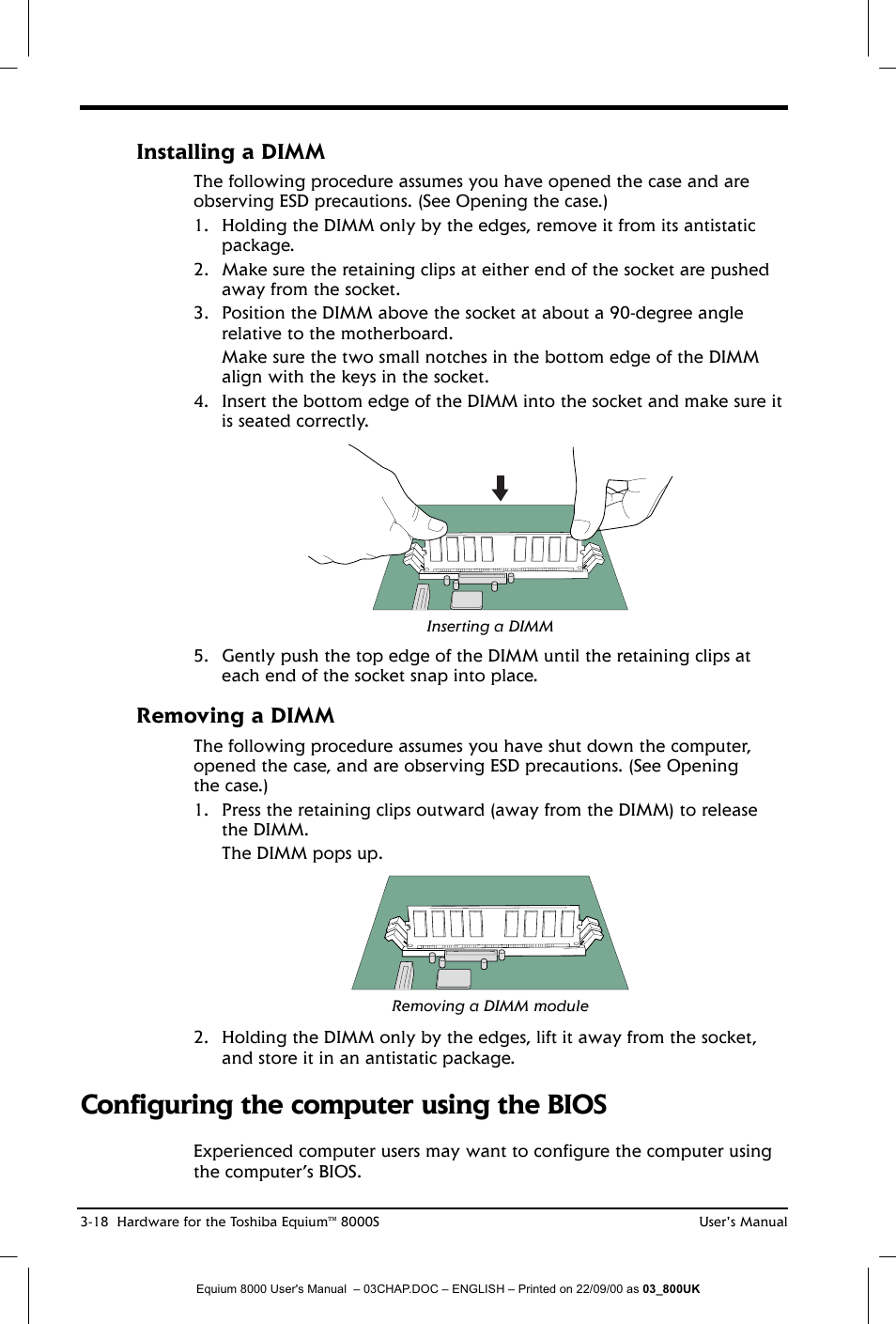 Configuring the computer using the bios, Installing a dimm, Removing a dimm | Toshiba Equium 8000 S-D User Manual | Page 59 / 80