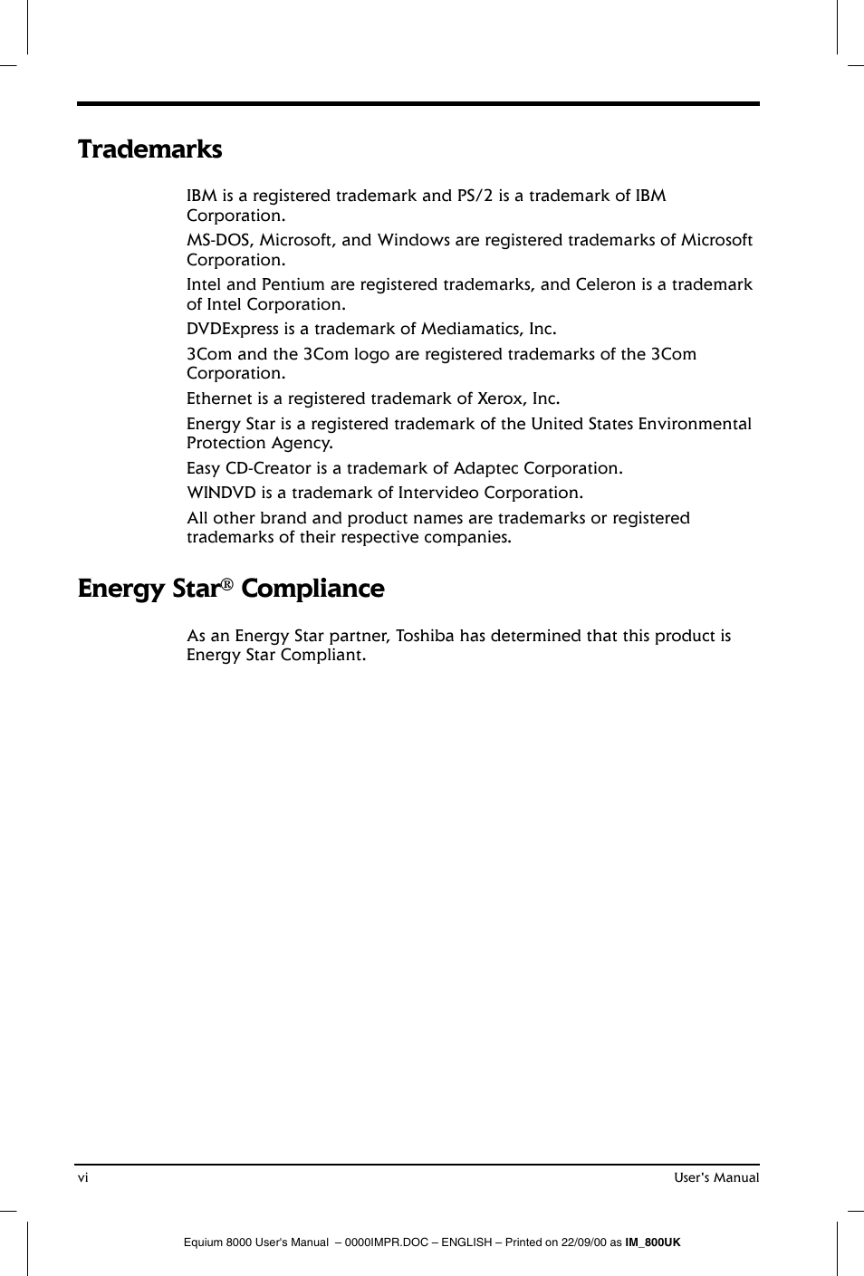 Trademarks, Energy star® compliance | Toshiba Equium 8000 S-D User Manual | Page 6 / 80