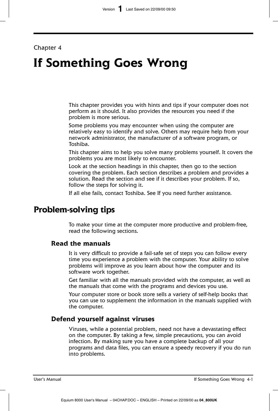 If something goes wrong, Problem-solving tips | Toshiba Equium 8000 S-D User Manual | Page 60 / 80