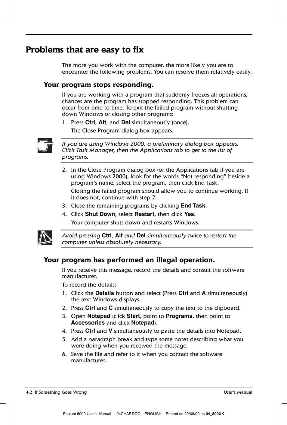 Problems that are easy to fix, Your program stops responding, Your program has performed an illegal operation | Toshiba Equium 8000 S-D User Manual | Page 61 / 80