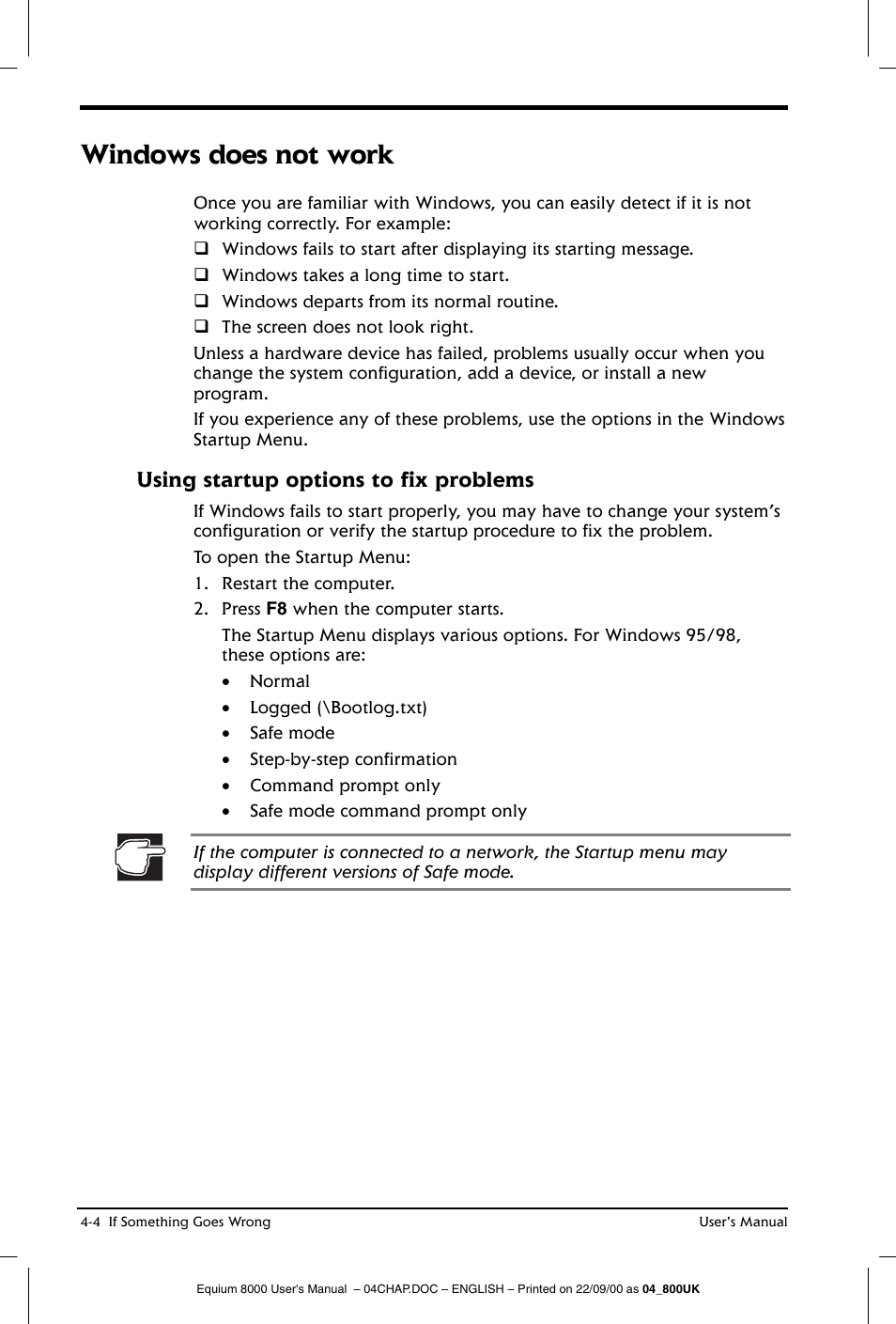 Windows does not work, Using startup options to fix problems | Toshiba Equium 8000 S-D User Manual | Page 63 / 80