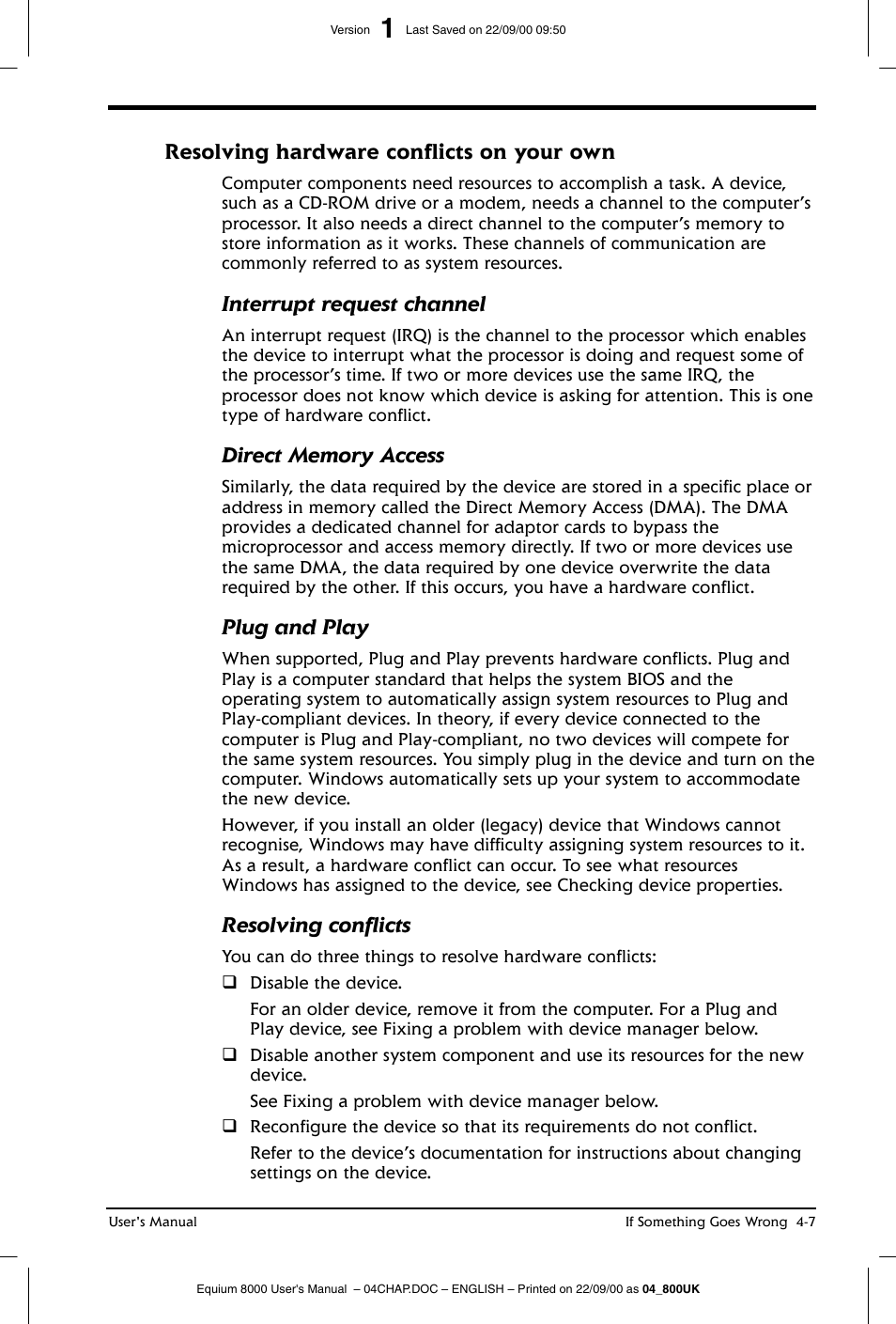 Resolving hardware conflicts on your own, Interrupt request channel, Plug and play | Resolving conflicts | Toshiba Equium 8000 S-D User Manual | Page 66 / 80