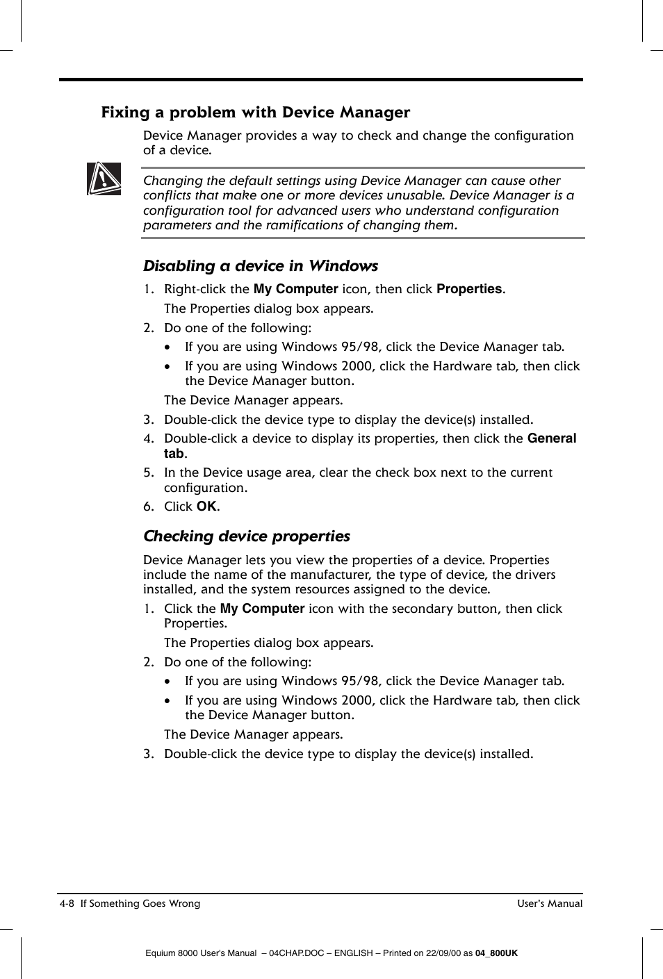 Fixing a problem with device manager, Disabling a device in windows, Checking device properties | Toshiba Equium 8000 S-D User Manual | Page 67 / 80
