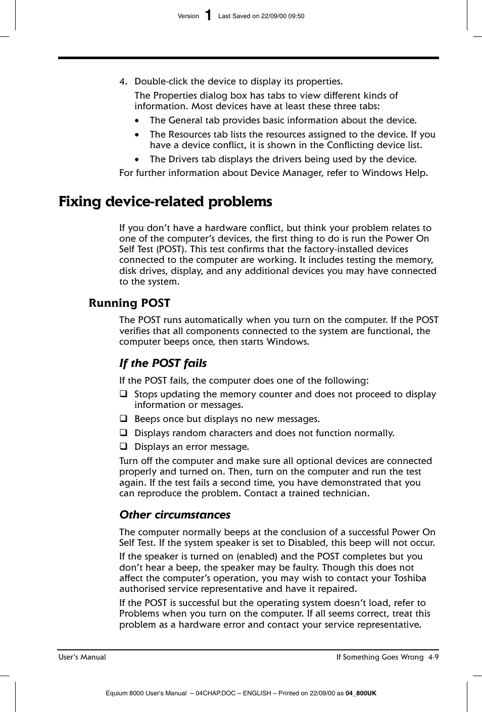 Fixing device-related problems, Running post, If the post fails | Other circumstances | Toshiba Equium 8000 S-D User Manual | Page 68 / 80