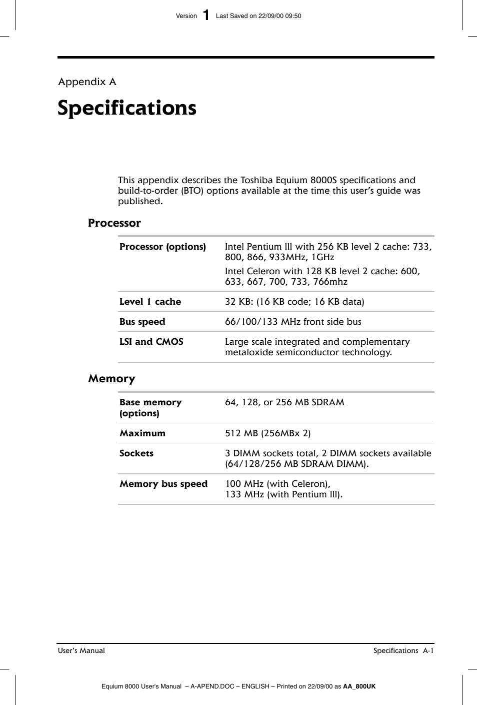 Specifications, Processor | Toshiba Equium 8000 S-D User Manual | Page 69 / 80