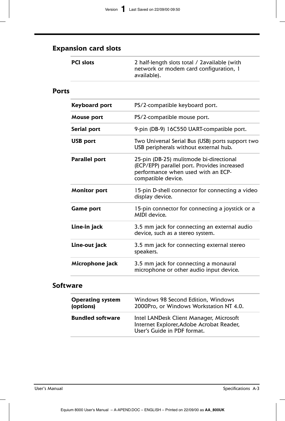 Expansion card slots, Ports, Software | Toshiba Equium 8000 S-D User Manual | Page 71 / 80