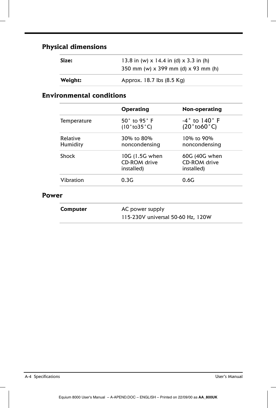 Physical dimensions, Environmental conditions, Power | Toshiba Equium 8000 S-D User Manual | Page 72 / 80
