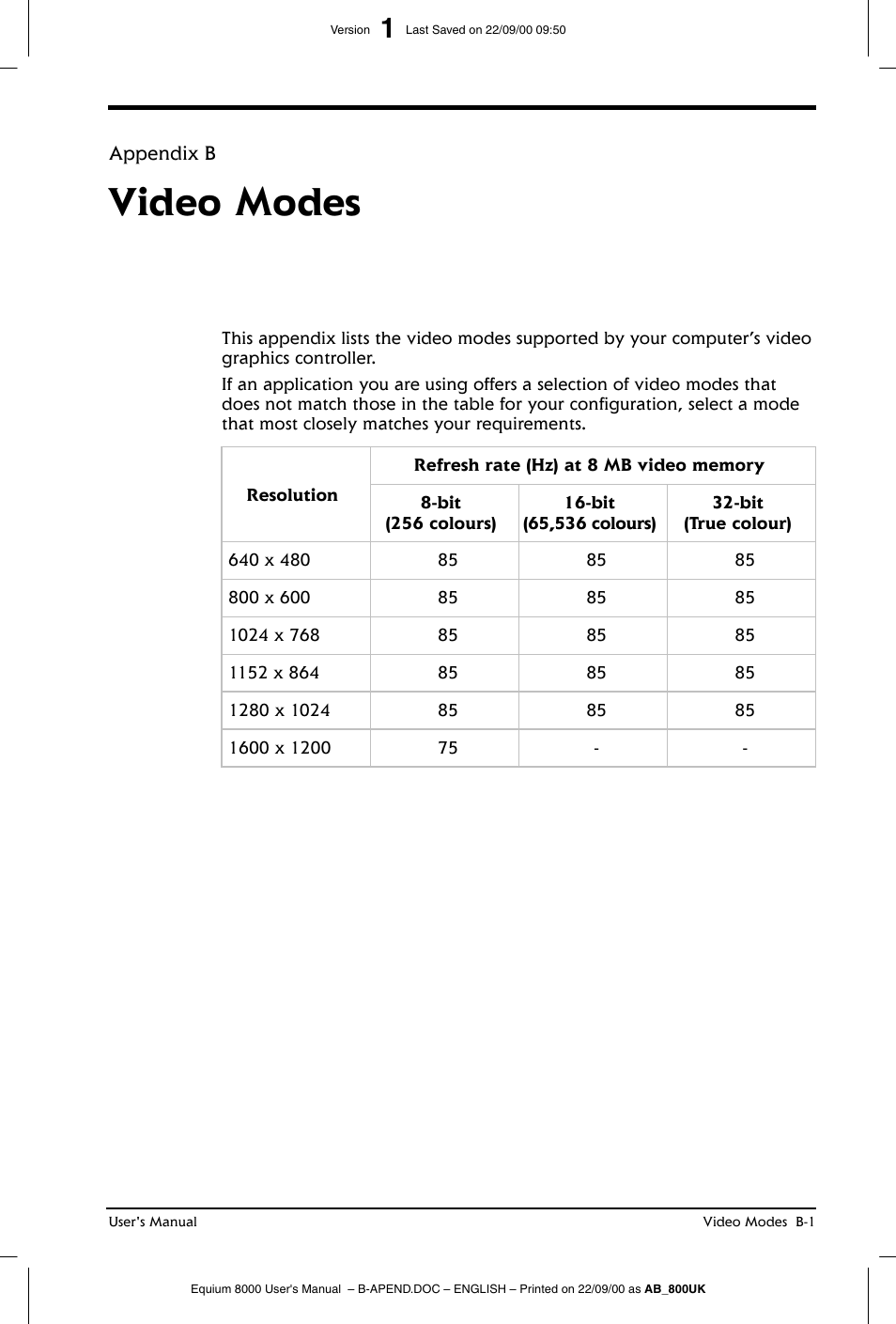 Video modes | Toshiba Equium 8000 S-D User Manual | Page 73 / 80