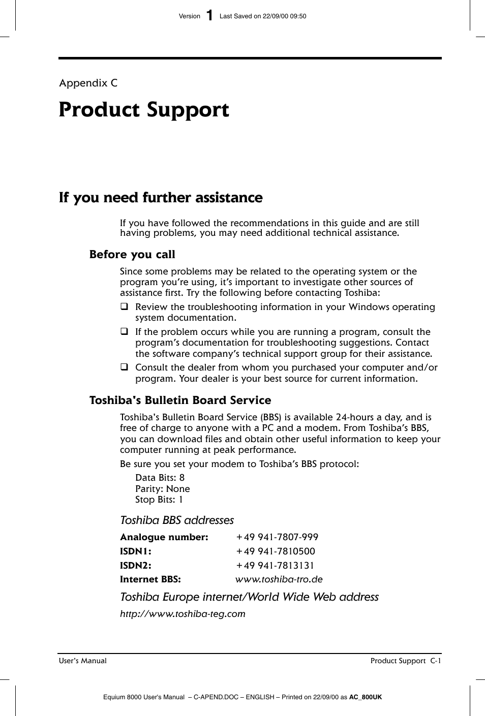 Product support, If you need further assistance | Toshiba Equium 8000 S-D User Manual | Page 74 / 80