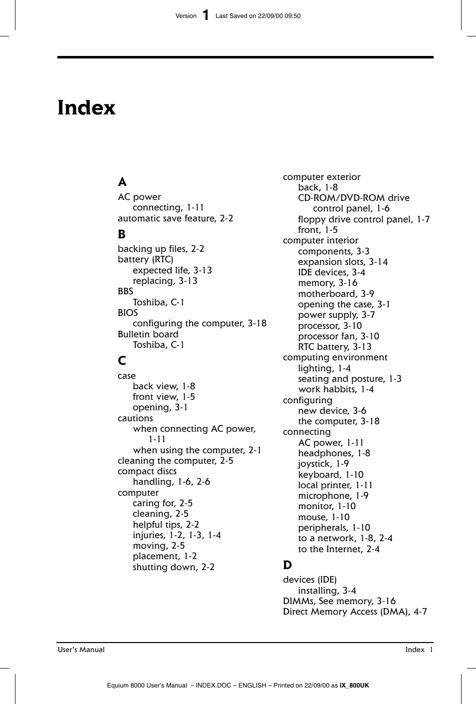 Index | Toshiba Equium 8000 S-D User Manual | Page 77 / 80