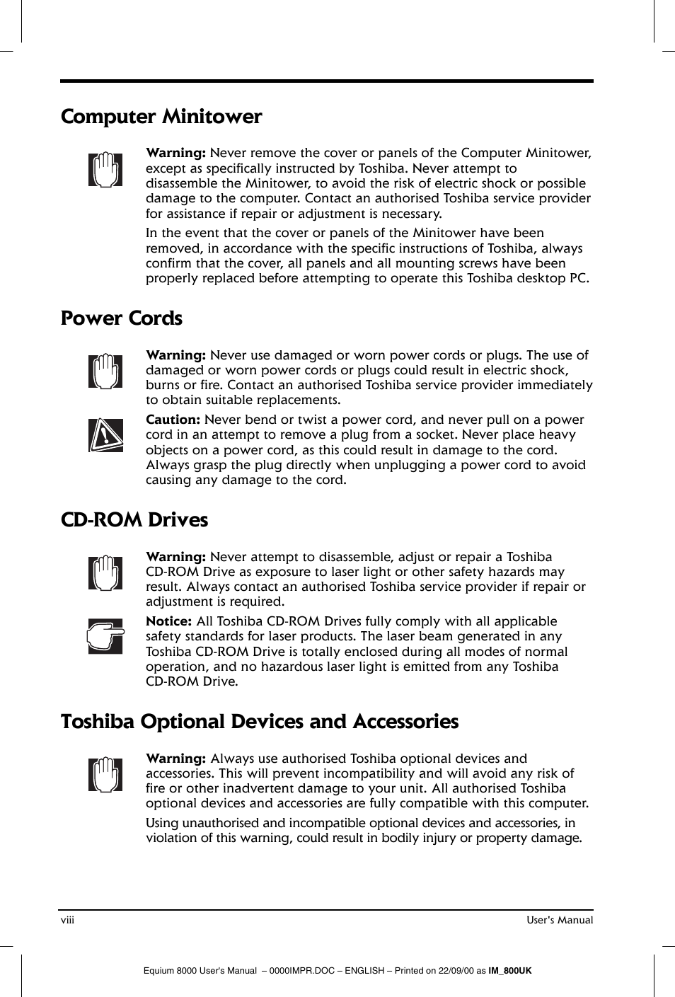 Computer minitower, Power cords, Cd-rom drives | Toshiba optional devices and accessories | Toshiba Equium 8000 S-D User Manual | Page 8 / 80