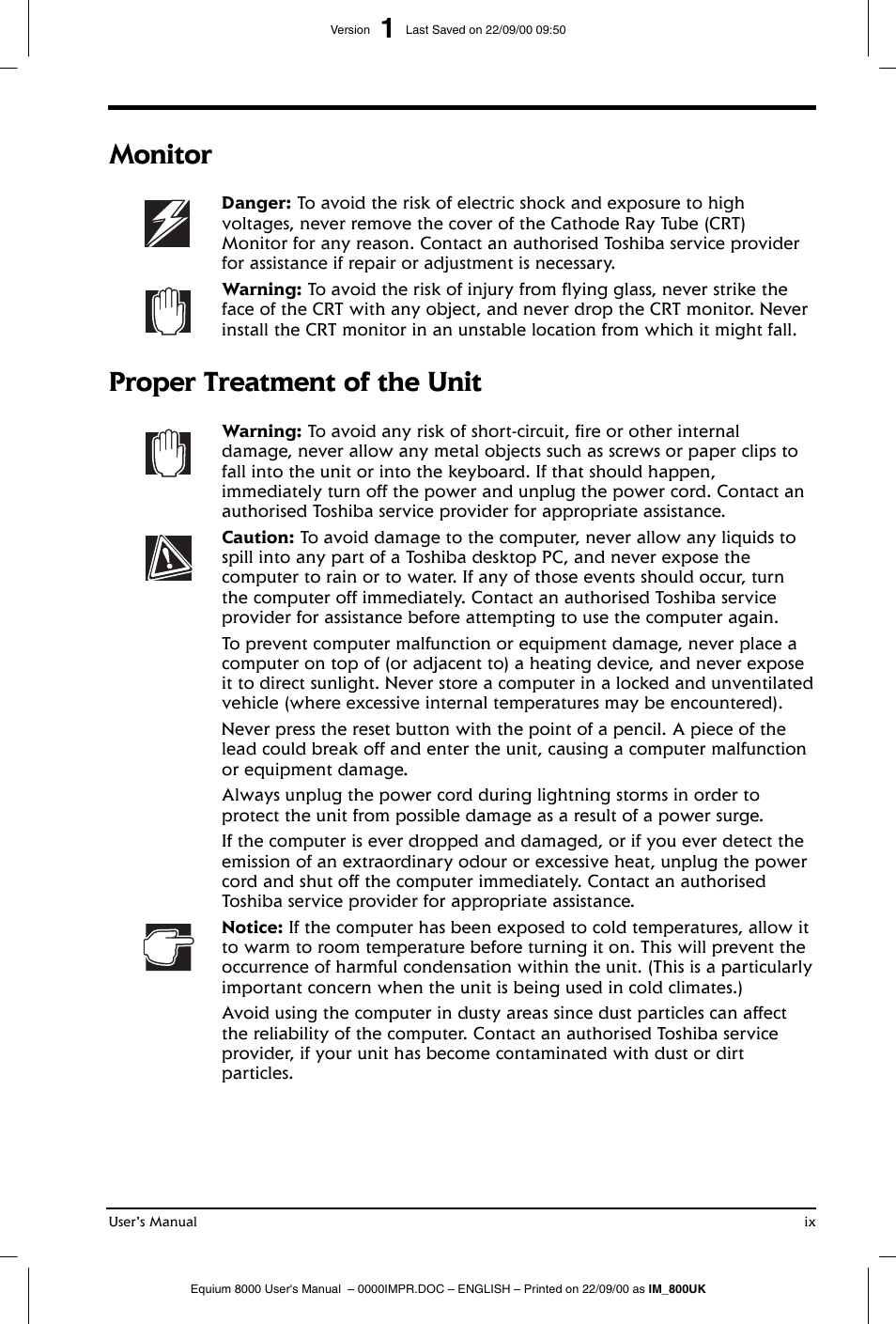 Monitor, Proper treatment of the unit | Toshiba Equium 8000 S-D User Manual | Page 9 / 80