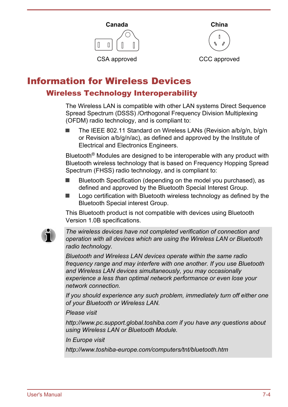 Information for wireless devices, Wireless technology interoperability, Information for wireless devices -4 | Toshiba Satellite C50T-B User Manual | Page 109 / 124