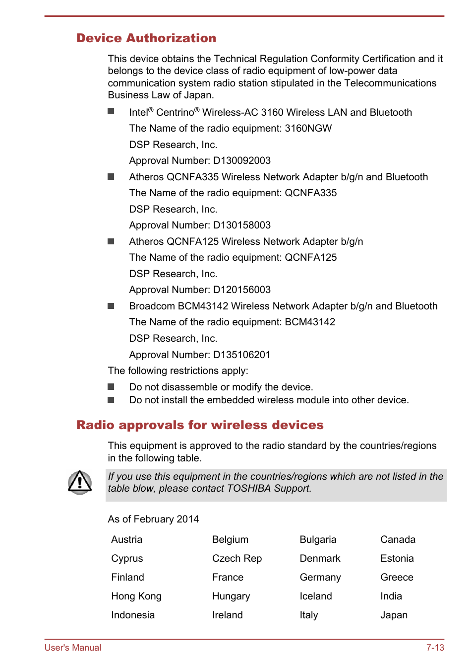 Device authorization, Radio approvals for wireless devices | Toshiba Satellite C50T-B User Manual | Page 118 / 124