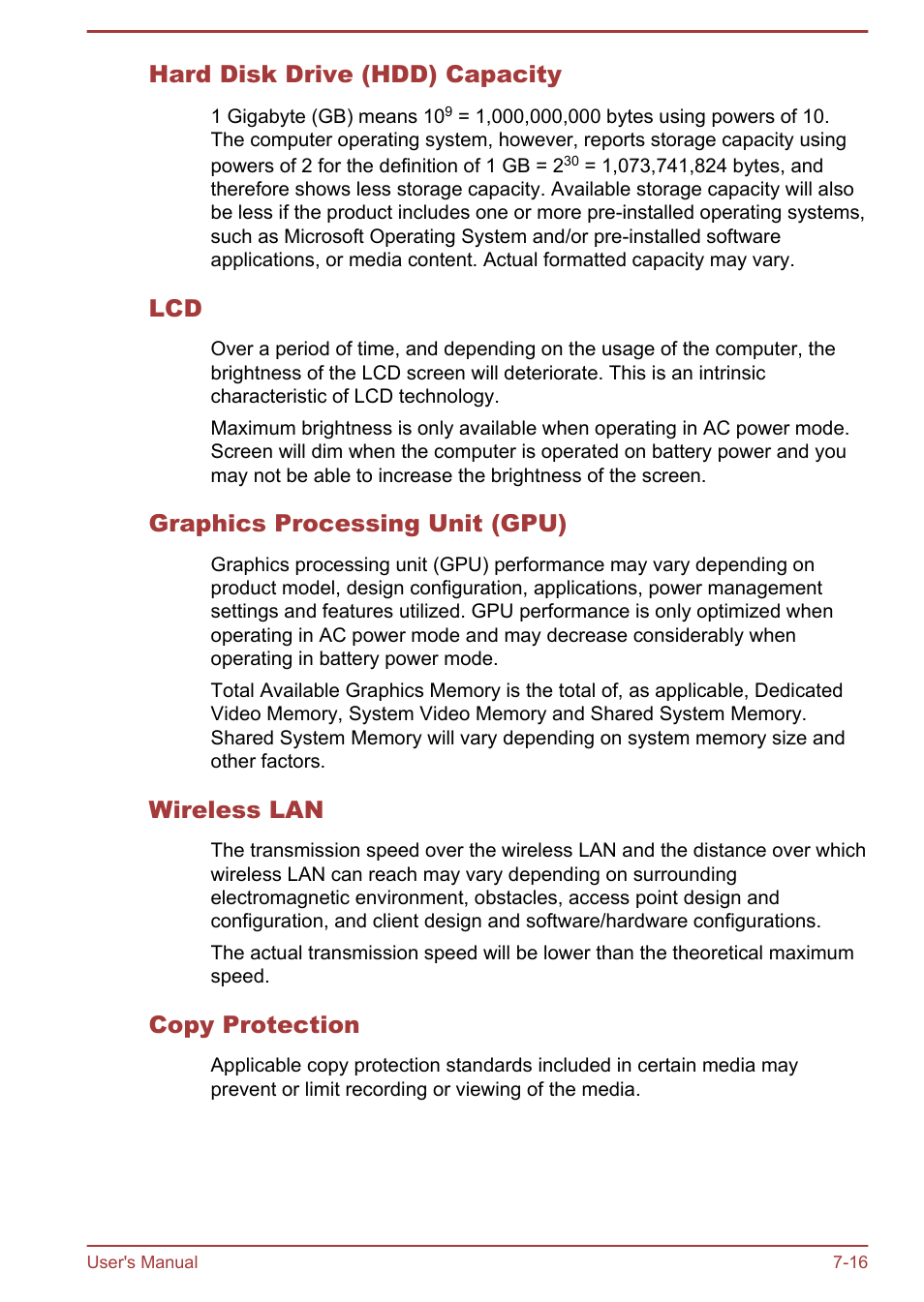 Hard disk drive (hdd) capacity, Graphics processing unit (gpu), Wireless lan | Copy protection | Toshiba Satellite C50T-B User Manual | Page 121 / 124