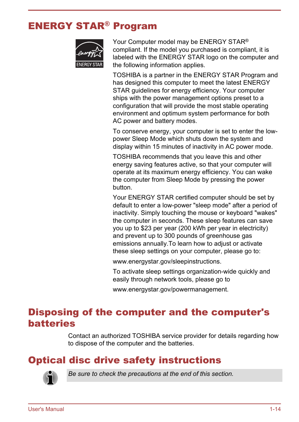 Energy star® program, Optical disc drive safety instructions, Energy star | Program | Toshiba Satellite C50T-B User Manual | Page 17 / 124