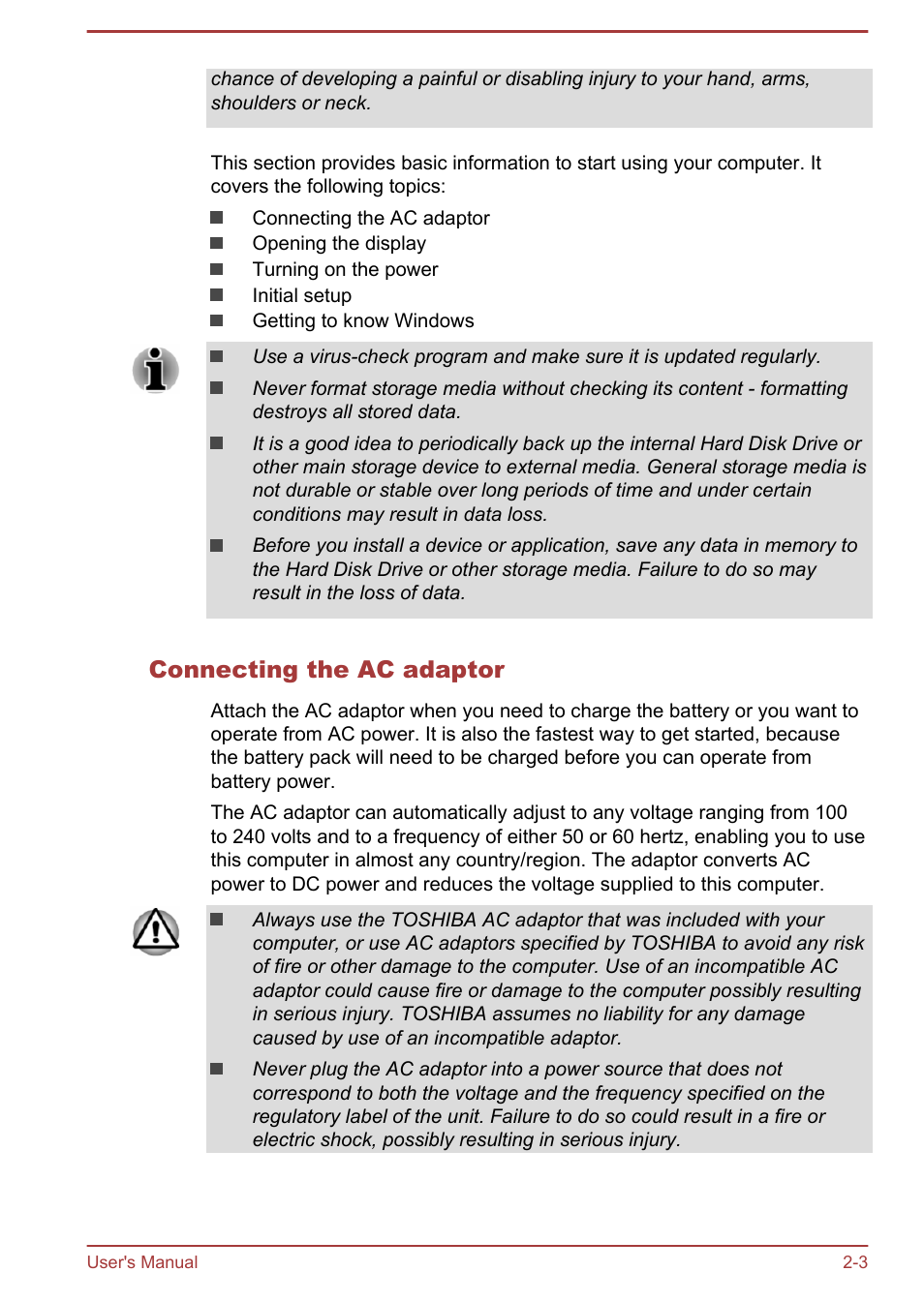 Connecting the ac adaptor | Toshiba Satellite C50T-B User Manual | Page 24 / 124