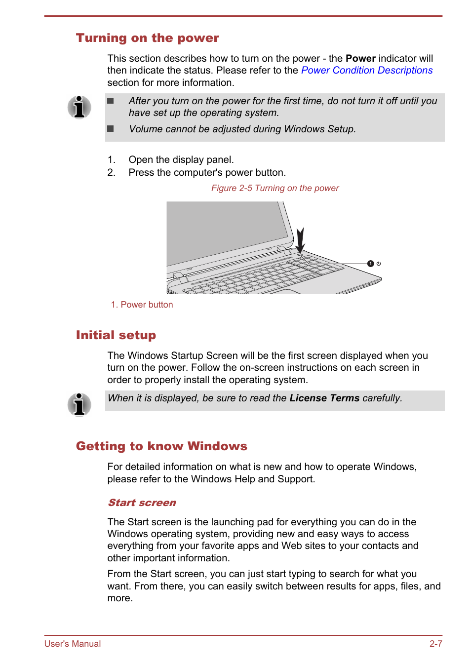 Turning on the power, Initial setup, Getting to know windows | Toshiba Satellite C50T-B User Manual | Page 28 / 124