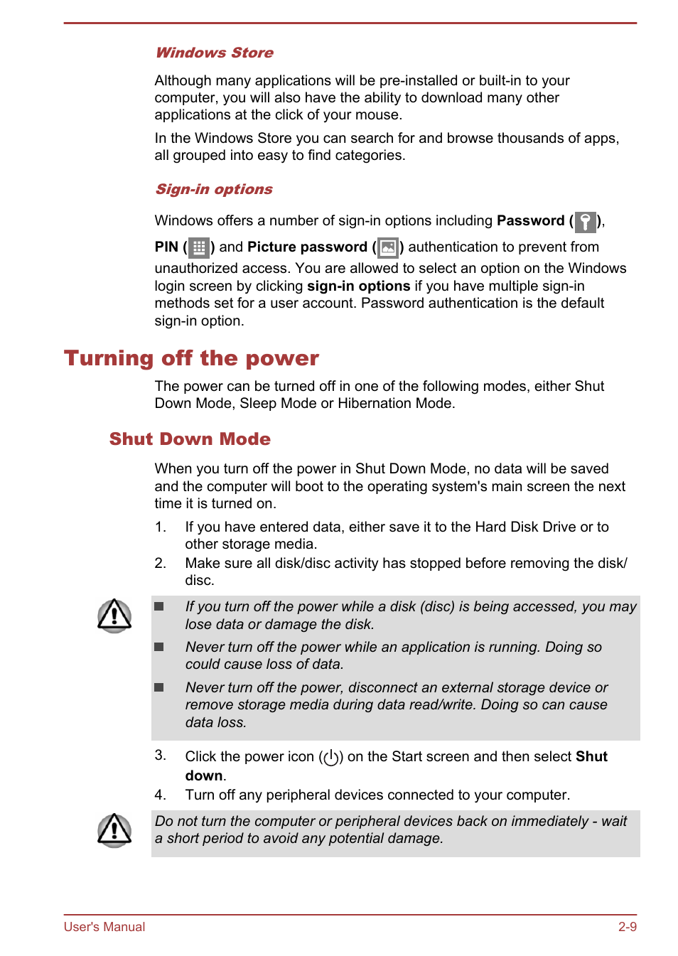 Turning off the power, Shut down mode, Turning off the power -9 | Toshiba Satellite C50T-B User Manual | Page 30 / 124