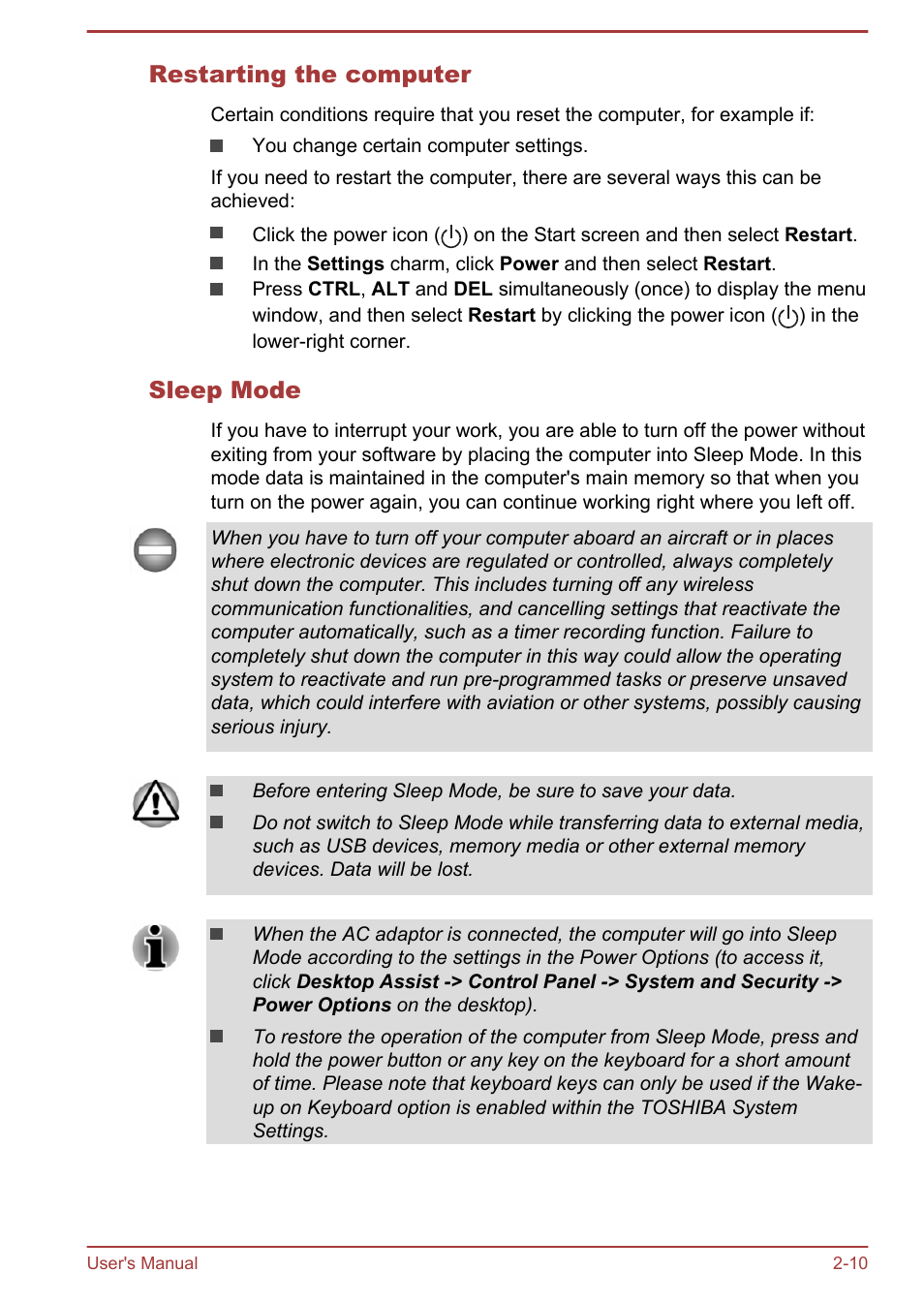 Restarting the computer, Sleep mode | Toshiba Satellite C50T-B User Manual | Page 31 / 124