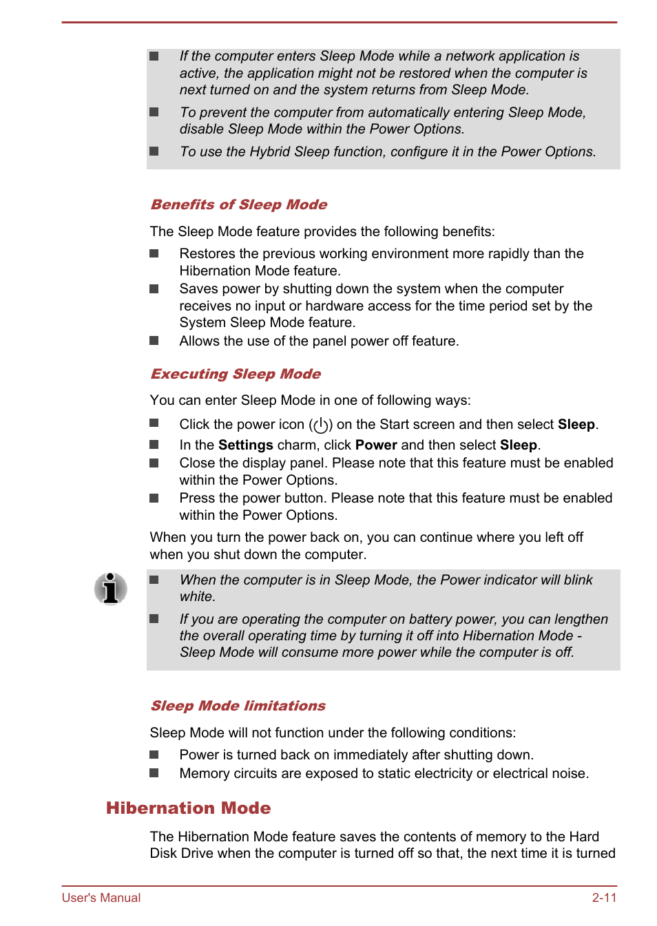 Hibernation mode | Toshiba Satellite C50T-B User Manual | Page 32 / 124