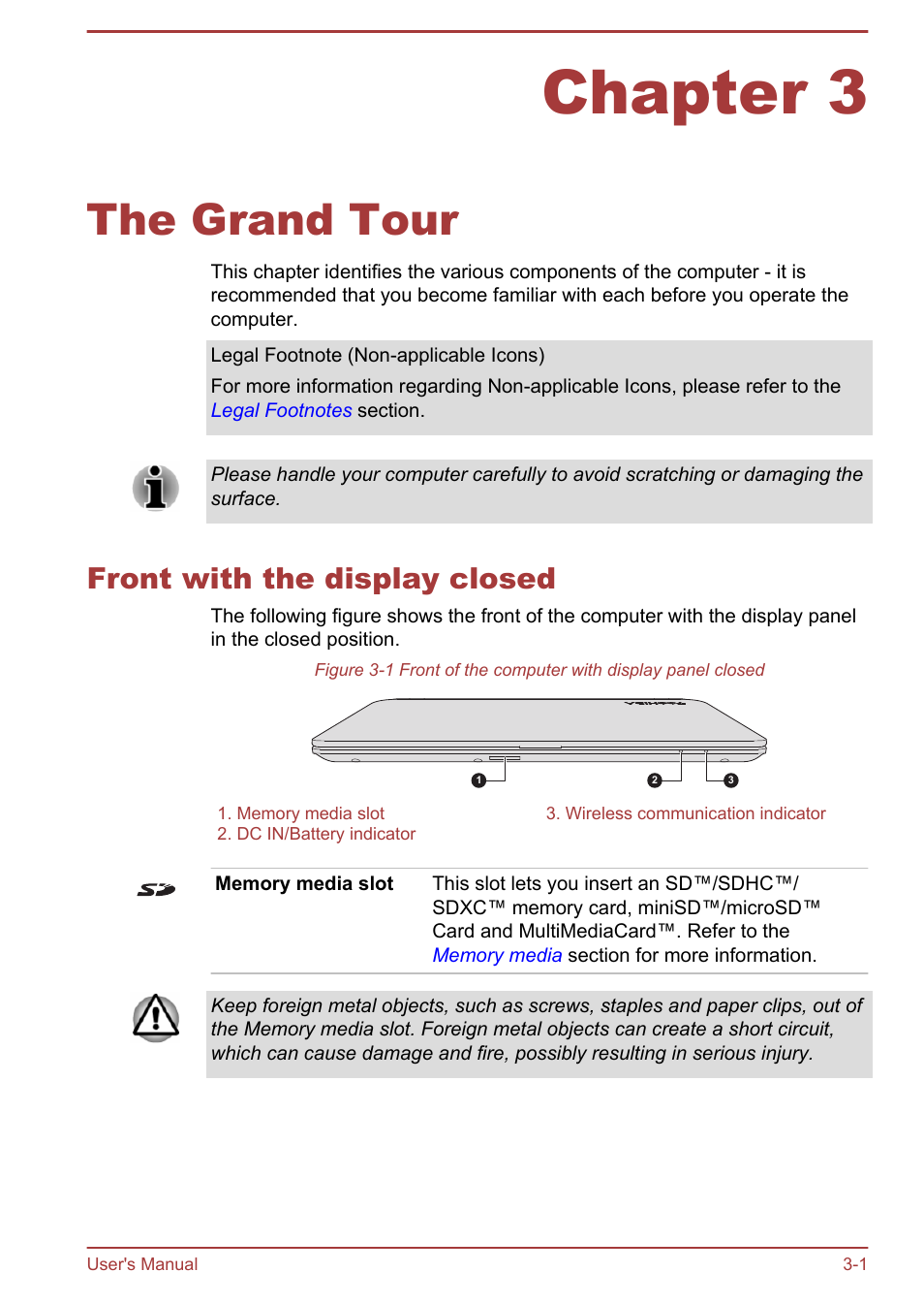 Chapter 3 the grand tour, Front with the display closed, Chapter 3 | The grand tour, Front with the display closed -1 | Toshiba Satellite C50T-B User Manual | Page 35 / 124