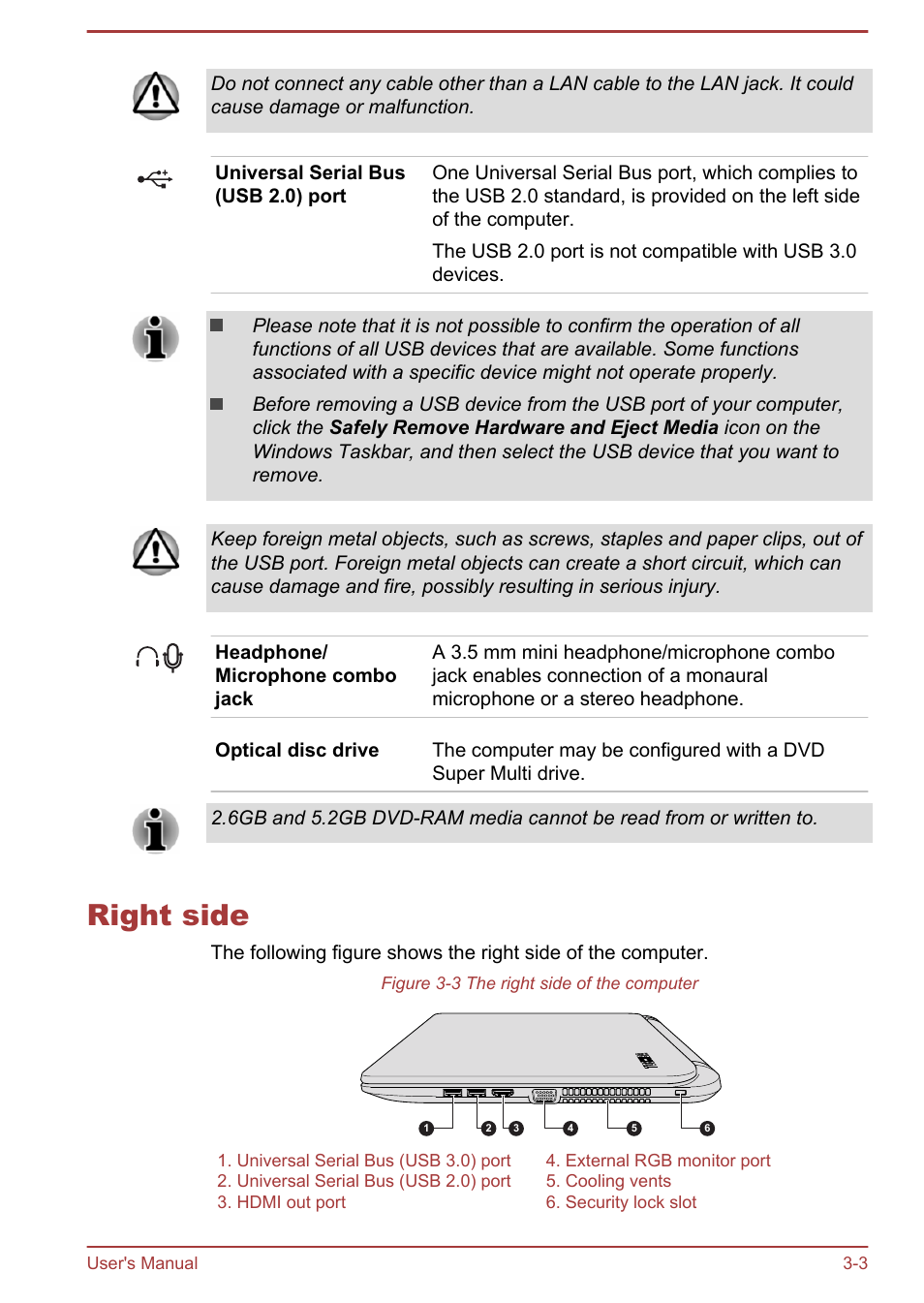 Right side, Right side -3 | Toshiba Satellite C50T-B User Manual | Page 37 / 124