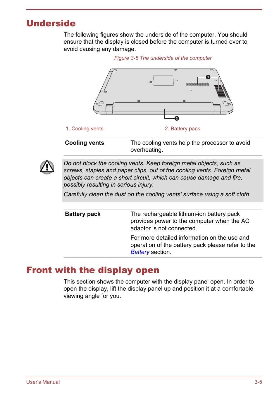 Underside, Front with the display open, Underside -5 front with the display open -5 | Toshiba Satellite C50T-B User Manual | Page 39 / 124