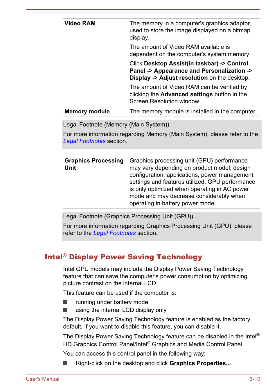 Intel® display power saving technology, Intel, Display power saving technology | Toshiba Satellite C50T-B User Manual | Page 44 / 124