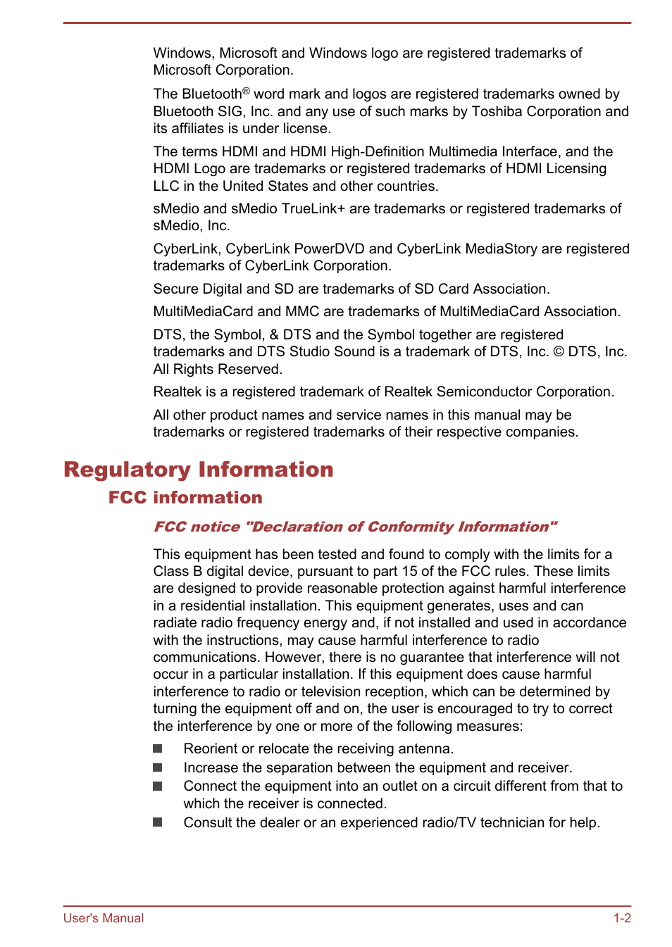 Regulatory information, Fcc information, Regulatory information -2 | Toshiba Satellite C50T-B User Manual | Page 5 / 124