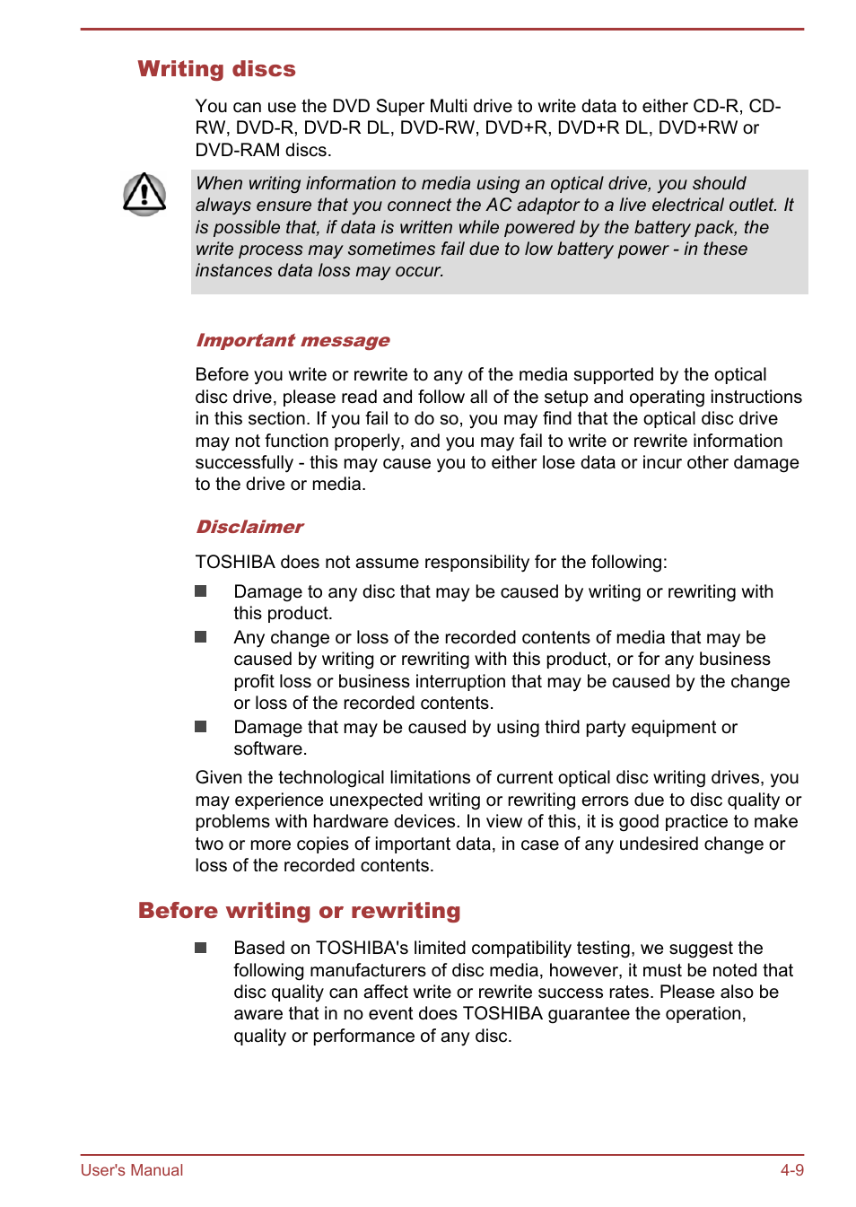 Writing discs, Before writing or rewriting | Toshiba Satellite C50T-B User Manual | Page 56 / 124