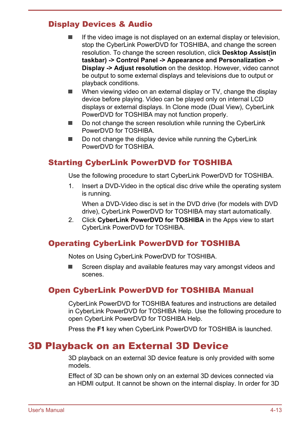 Display devices & audio, Starting cyberlink powerdvd for toshiba, Operating cyberlink powerdvd for toshiba | Open cyberlink powerdvd for toshiba manual, 3d playback on an external 3d device, 3d playback on an external 3d device -13 | Toshiba Satellite C50T-B User Manual | Page 60 / 124