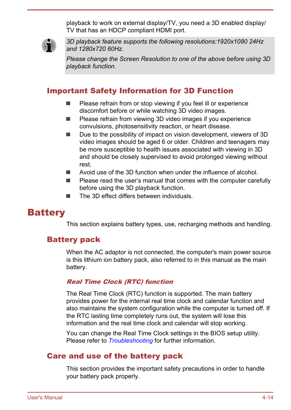 Important safety information for 3d function, Battery, Battery pack | Care and use of the battery pack, Battery -14 | Toshiba Satellite C50T-B User Manual | Page 61 / 124