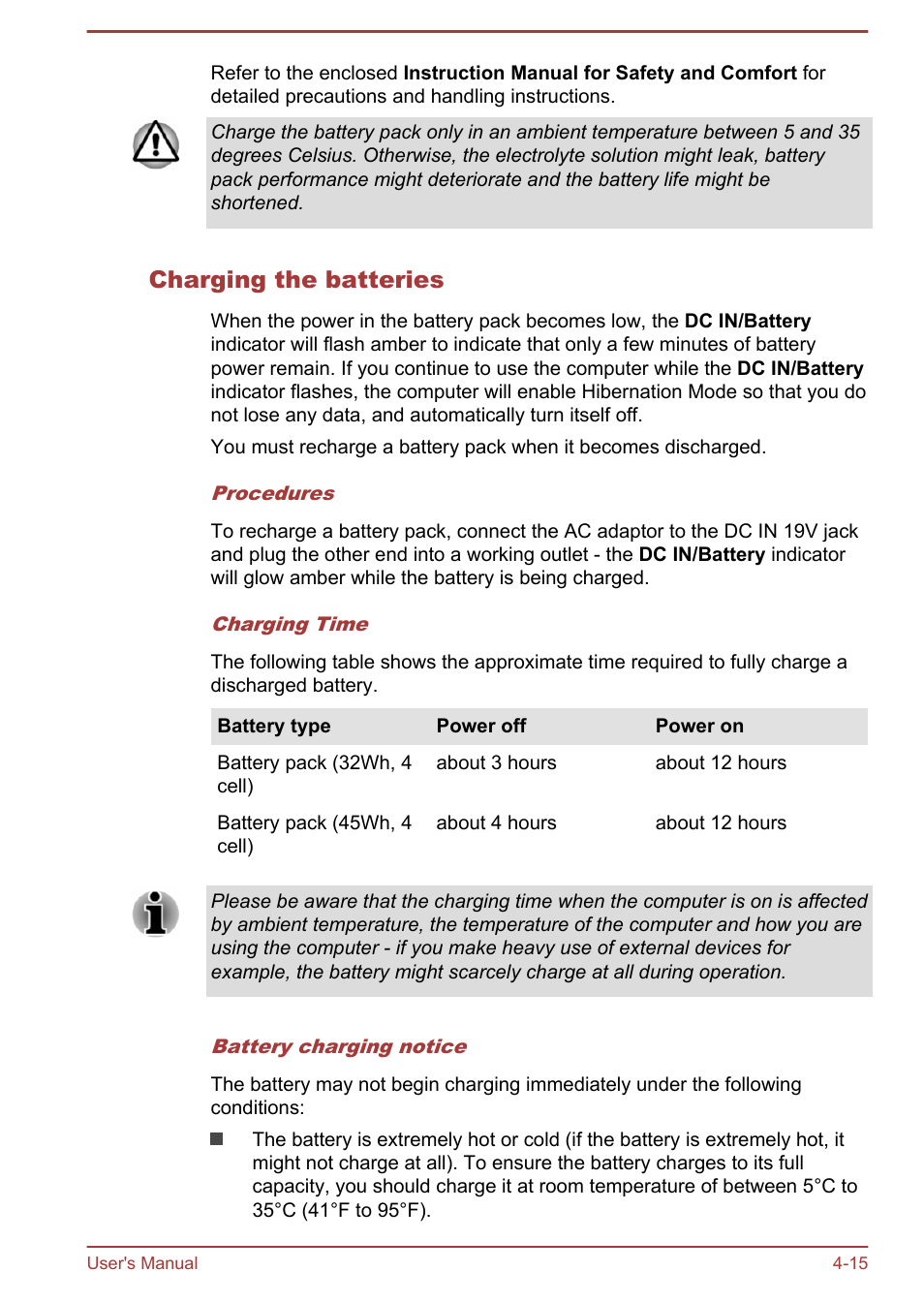 Charging the batteries | Toshiba Satellite C50T-B User Manual | Page 62 / 124