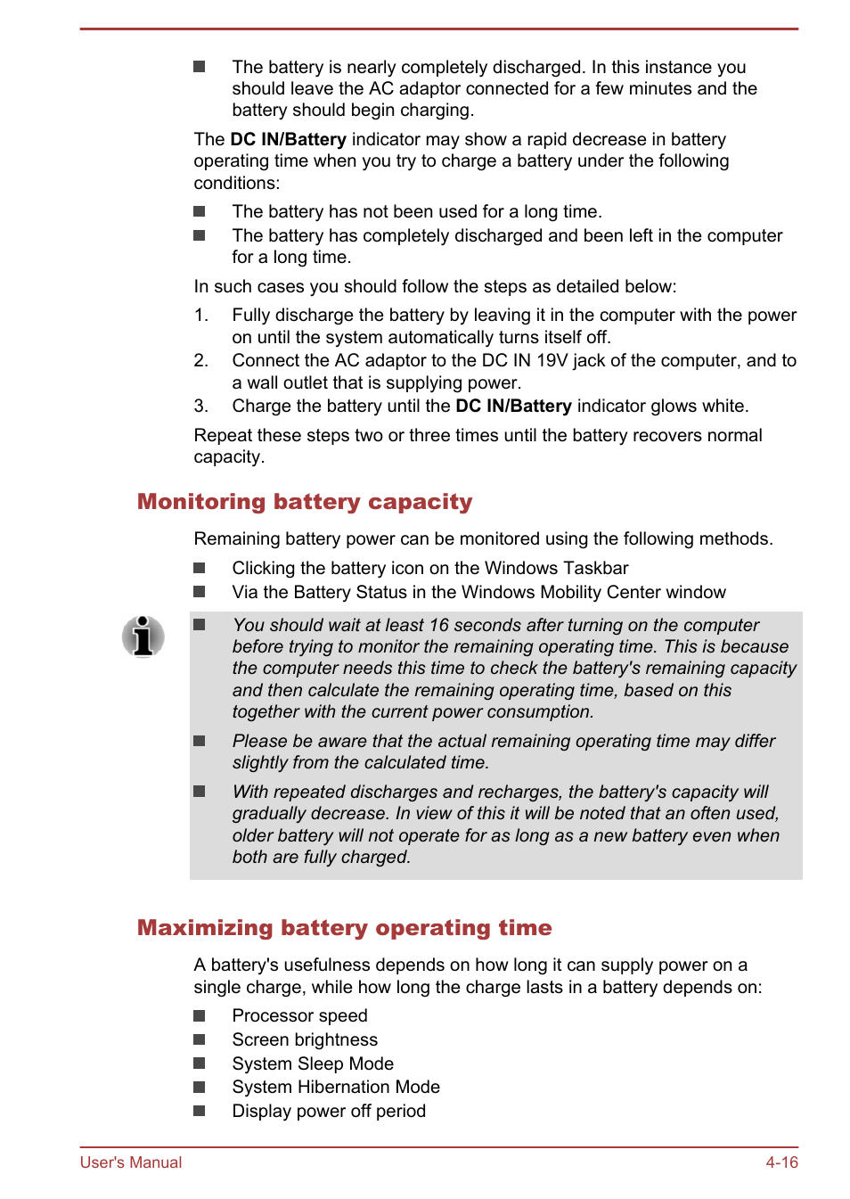 Monitoring battery capacity, Maximizing battery operating time | Toshiba Satellite C50T-B User Manual | Page 63 / 124