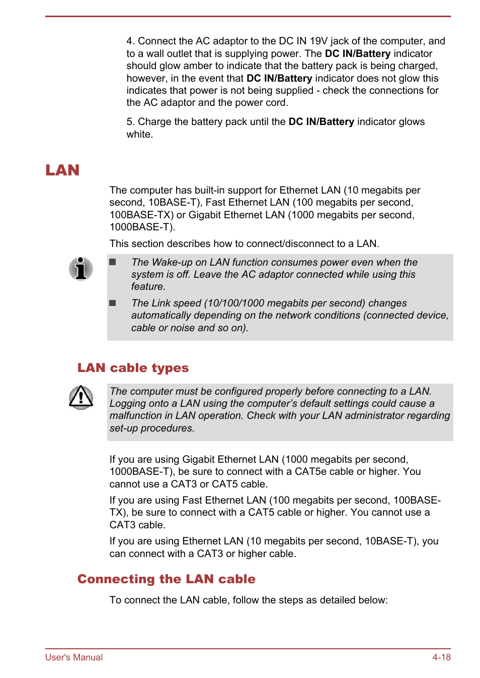 Lan cable types, Connecting the lan cable, Lan -18 | Toshiba Satellite C50T-B User Manual | Page 65 / 124