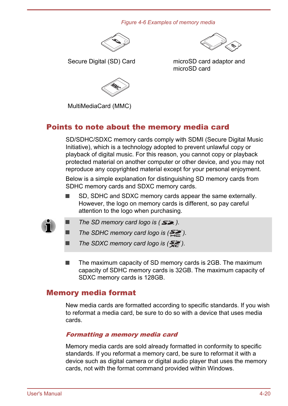 Points to note about the memory media card, Memory media format | Toshiba Satellite C50T-B User Manual | Page 67 / 124