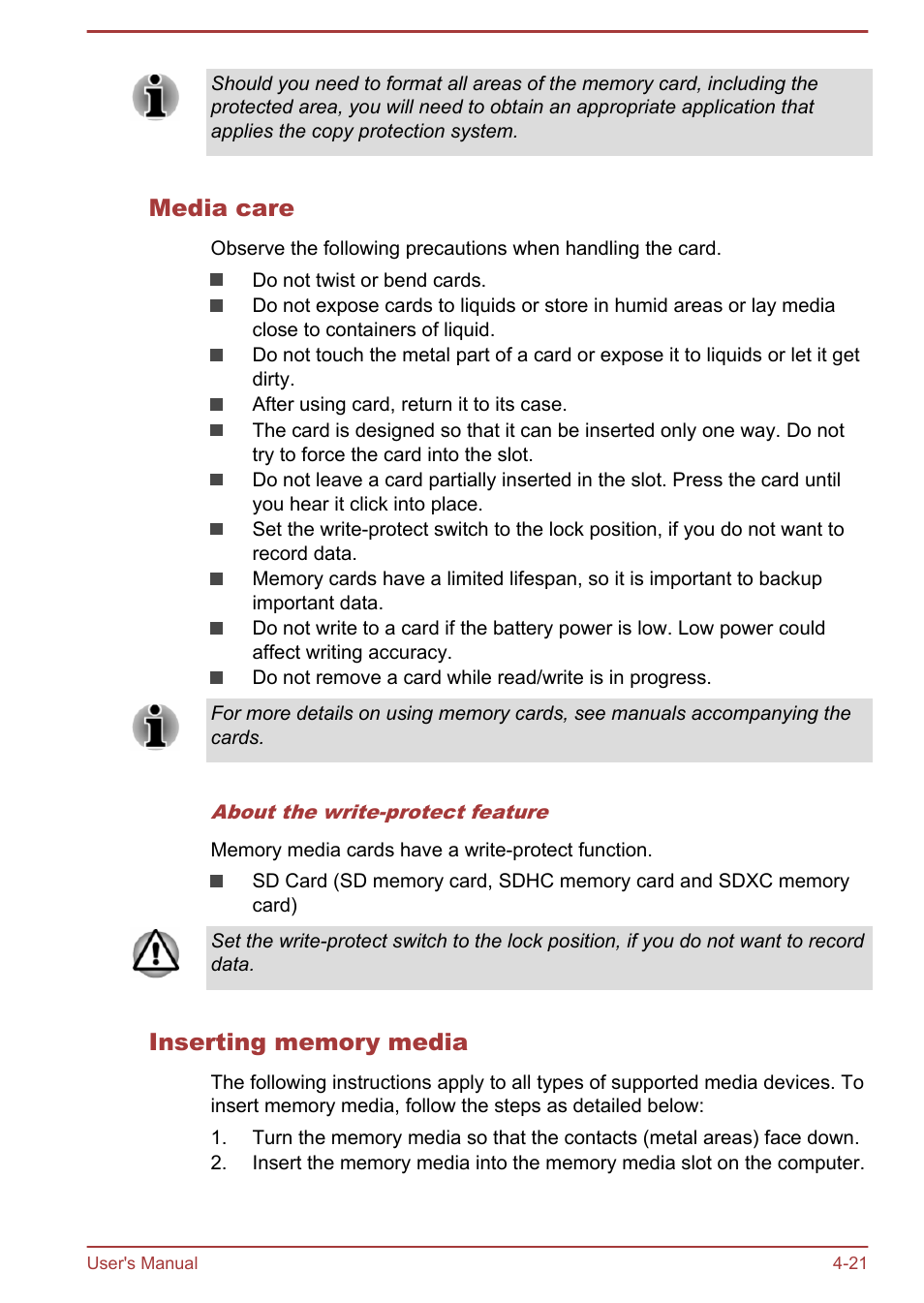 Media care, Inserting memory media | Toshiba Satellite C50T-B User Manual | Page 68 / 124