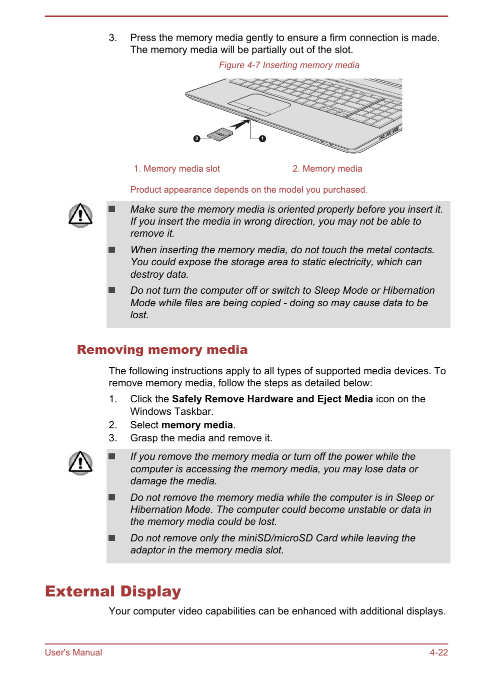 Removing memory media, External display, External display -22 | Toshiba Satellite C50T-B User Manual | Page 69 / 124