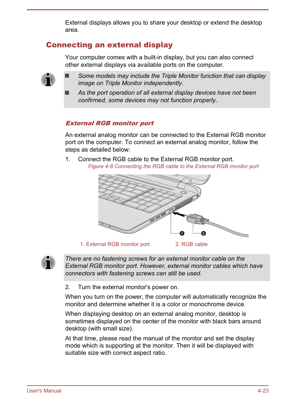 Connecting an external display | Toshiba Satellite C50T-B User Manual | Page 70 / 124
