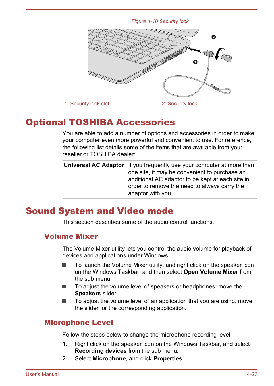 Optional toshiba accessories, Sound system and video mode, Volume mixer | Microphone level | Toshiba Satellite C50T-B User Manual | Page 74 / 124