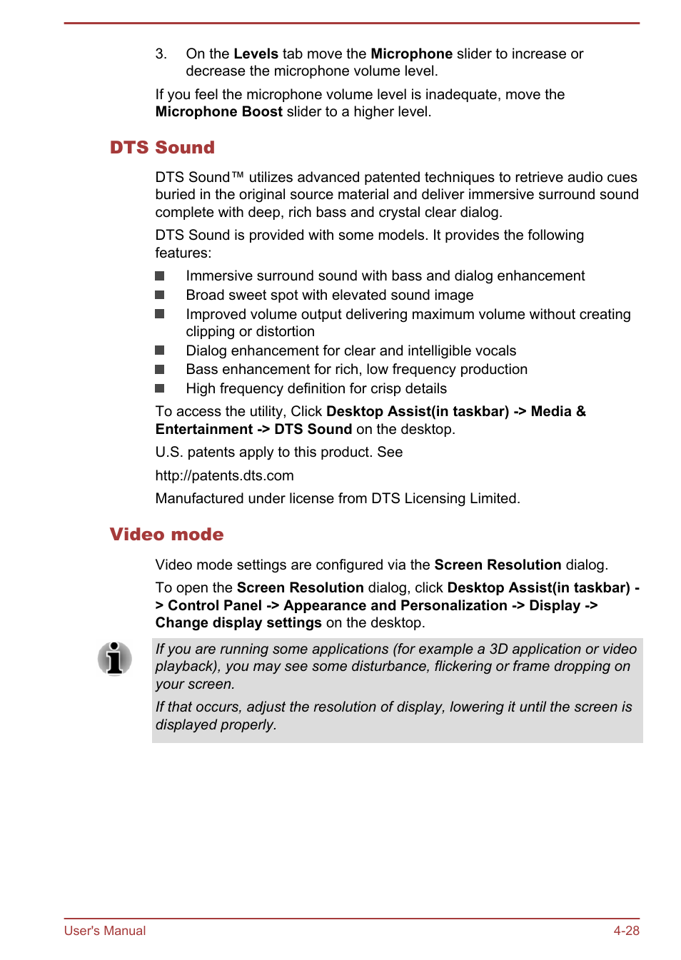 Dts sound, Video mode | Toshiba Satellite C50T-B User Manual | Page 75 / 124