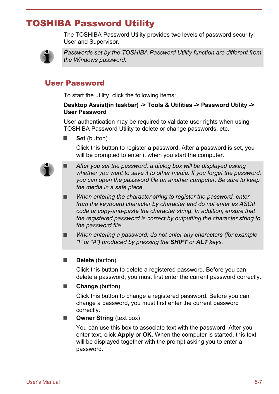 Toshiba password utility, User password, Toshiba password utility -7 | Toshiba Satellite C50T-B User Manual | Page 82 / 124