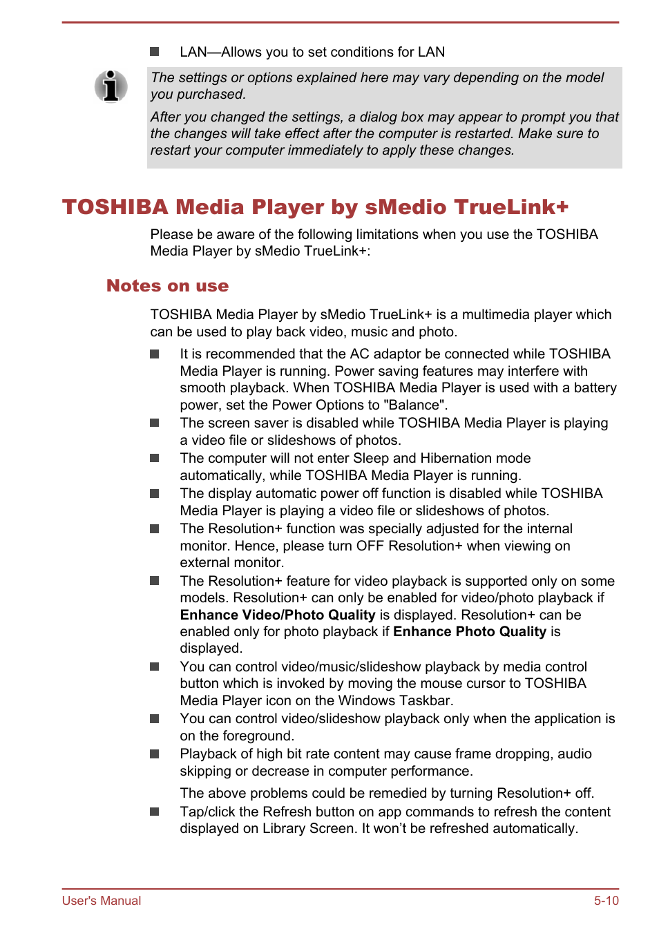 Toshiba media player by smedio truelink, Notes on use, Toshiba media player by smedio truelink+ -10 | Toshiba Satellite C50T-B User Manual | Page 85 / 124