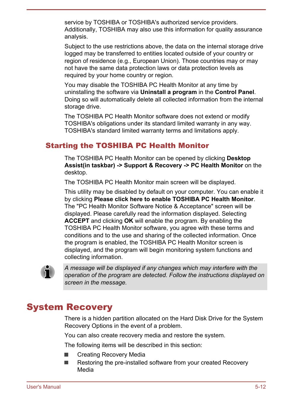 Starting the toshiba pc health monitor, System recovery, System recovery -12 | Toshiba Satellite C50T-B User Manual | Page 87 / 124