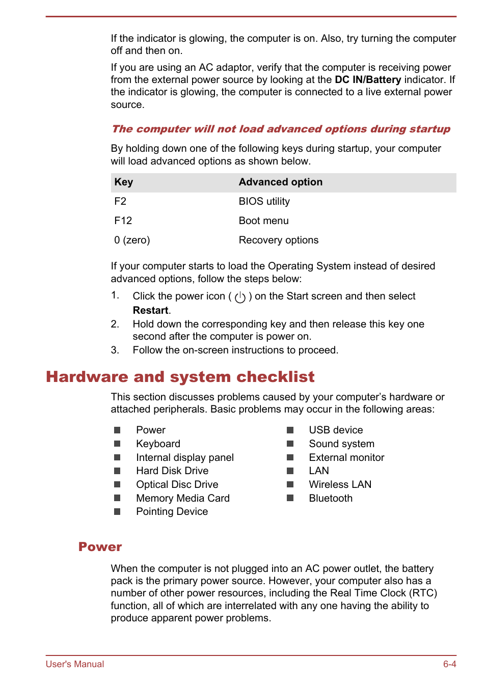 Hardware and system checklist, Power, Hardware and system checklist -4 | Toshiba Satellite C50T-B User Manual | Page 95 / 124